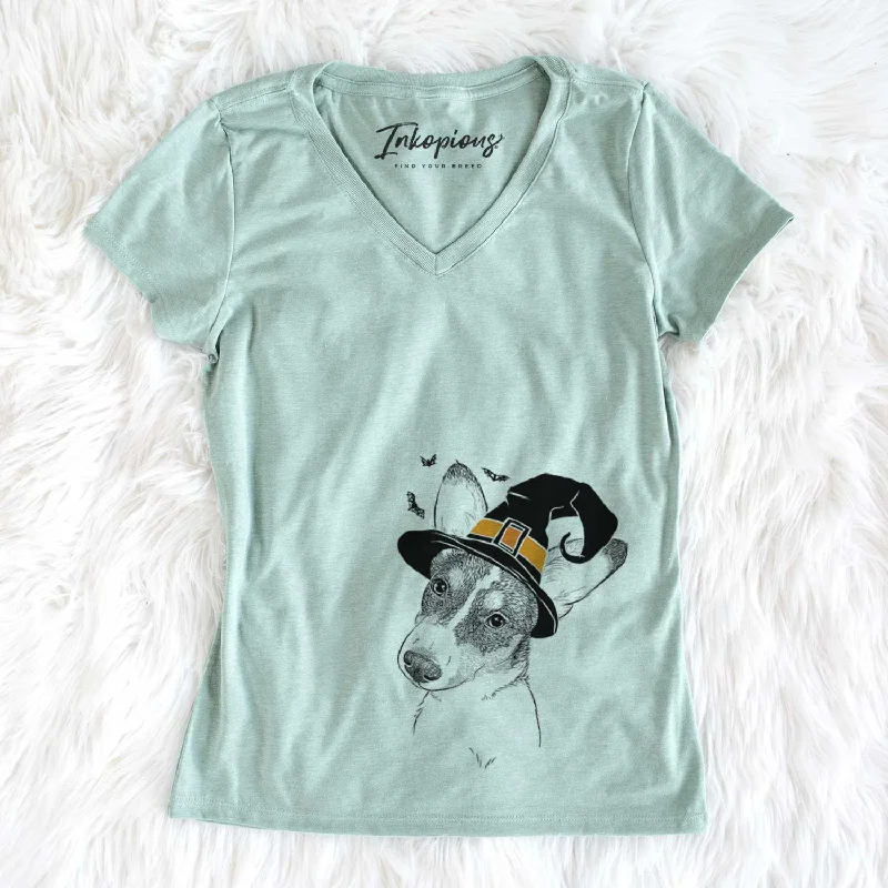 Witch Dexter the Corgi - Women's V-neck Shirt-- Jersey Fabric Tulle Fabric Batik Fabric Witch Dexter the Corgi - Women's V-neck Shirt-- Jersey Fabric Tulle Fabric Batik Fabric
