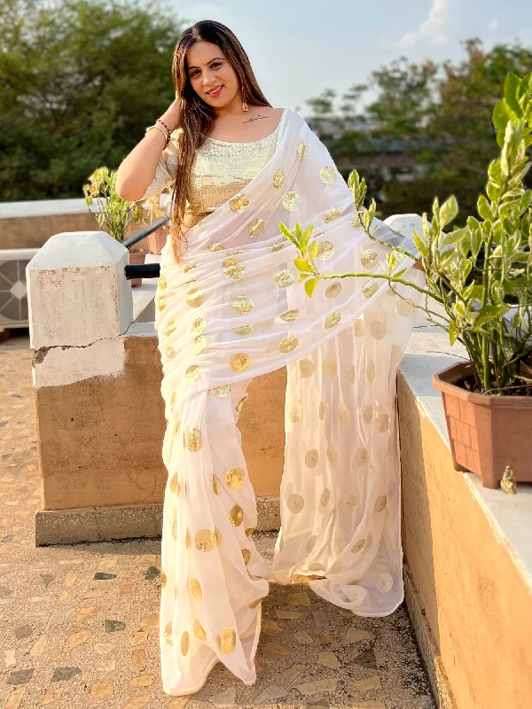 Women's Georgette White Embellished Designer Saree With Blouse Piece Lightweight Tunic Blouse Women's Georgette White Embellished Designer Saree With Blouse Piece Lightweight Tunic Blouse