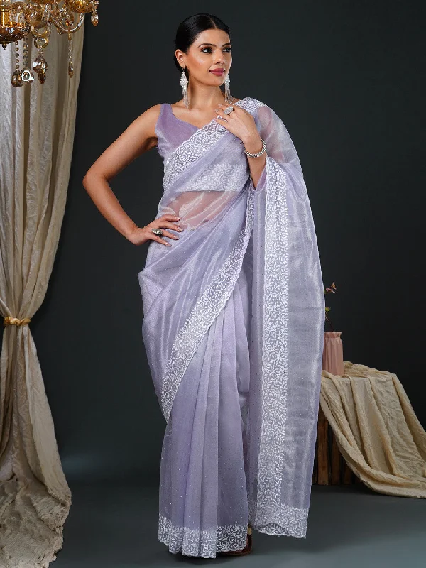 Women's Organza Lavender Embroidered Designer Saree With Blouse Piece Double-Layered Blouse Women's Organza Lavender Embroidered Designer Saree With Blouse Piece Double-Layered Blouse