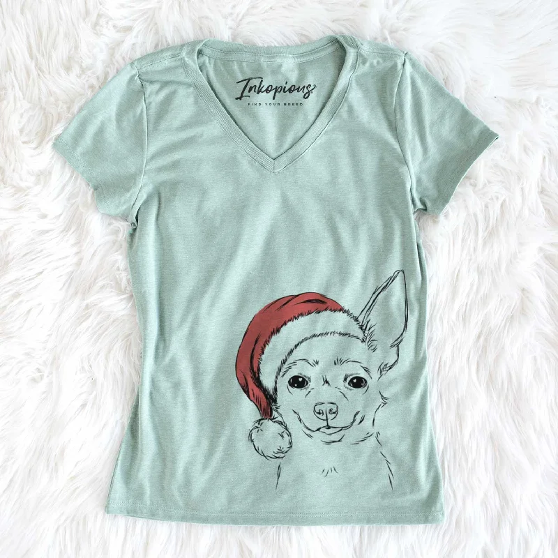 Santa Amos the Chihuahua - Women's V-neck Shirt-- Chenille Fabric Brocade Fabric Lace Fabric Santa Amos the Chihuahua - Women's V-neck Shirt-- Chenille Fabric Brocade Fabric Lace Fabric