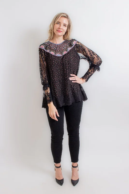 "Asmania" Black Lace Embroidered Blouse Feminine Pastel Blouse