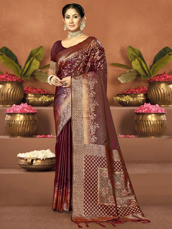 Women Maroon Satin Silk Saree With Un Stitched Blouse Balloon Sleeve Blouse