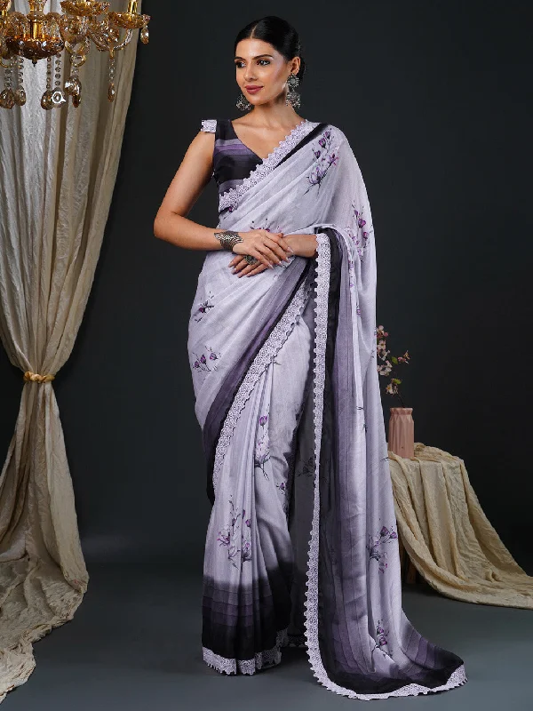 Women's Georgette Purple Printed Designer Saree With Blouse Piece Mandarin Collar Blouse Women's Georgette Purple Printed Designer Saree With Blouse Piece Mandarin Collar Blouse