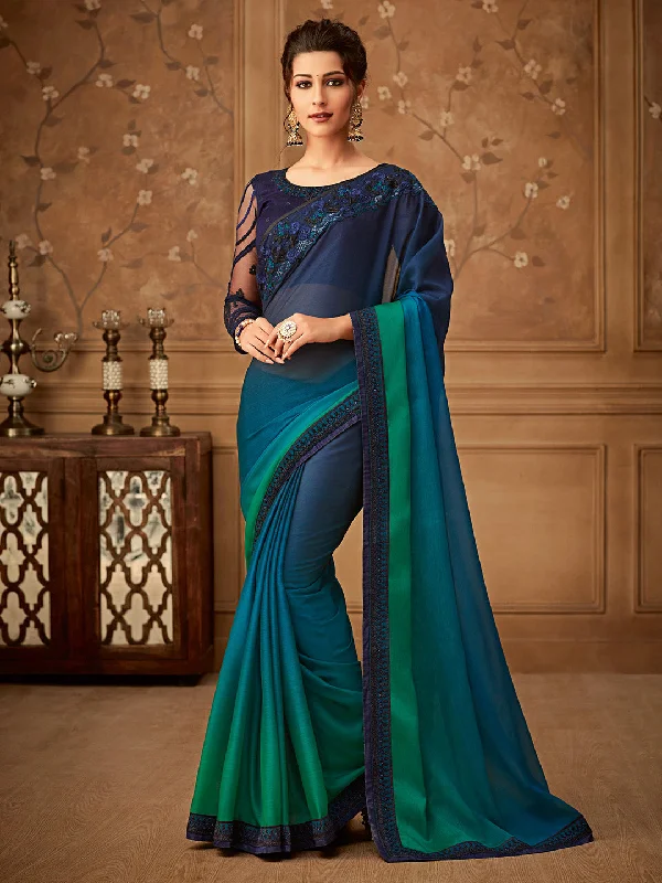 Women's Pure Chiffon Teal blue Embellished Designer Saree With Blouse Piece Vintage Lace Blouse Women's Pure Chiffon Teal blue Embellished Designer Saree With Blouse Piece Vintage Lace Blouse