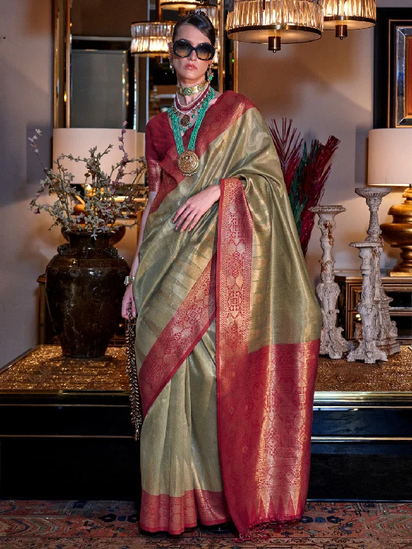 Women's Tissue Maroon Woven Design Designer Saree With Blouse Piece Ruffled Neck Blouse Women's Tissue Maroon Woven Design Designer Saree With Blouse Piece Ruffled Neck Blouse