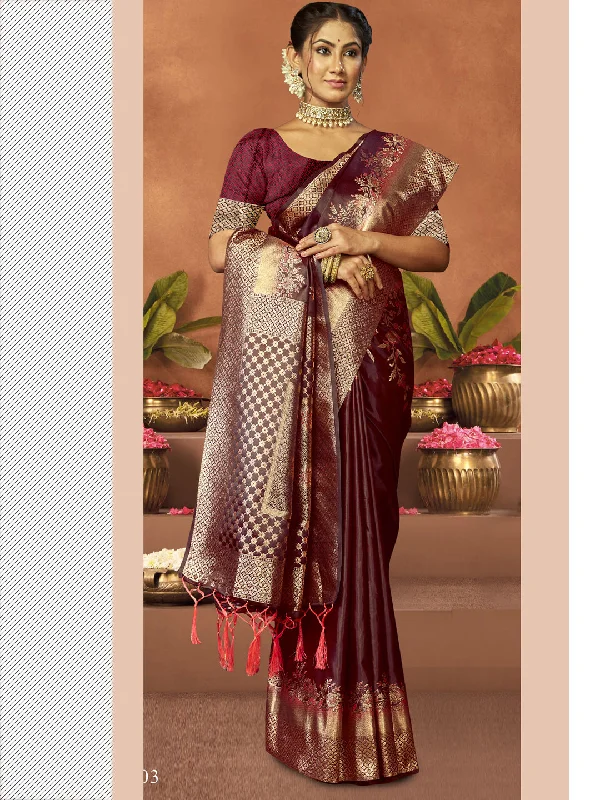 Women Wine Satin Silk Saree With Un Stitched Blouse Casual Relaxed Blouse
