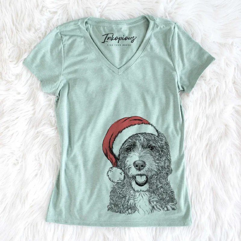 Santa Bash the Bernedoodle - Women's V-neck Shirt-- Plaid T-Shirt Polka Dot Checkered Santa Bash the Bernedoodle - Women's V-neck Shirt-- Plaid T-Shirt Polka Dot Checkered