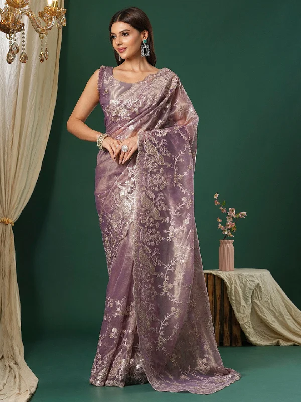 Women's Organza Mauve Embroidered Designer Saree With Blouse Piece Silky Draped Blouse Women's Organza Mauve Embroidered Designer Saree With Blouse Piece Silky Draped Blouse