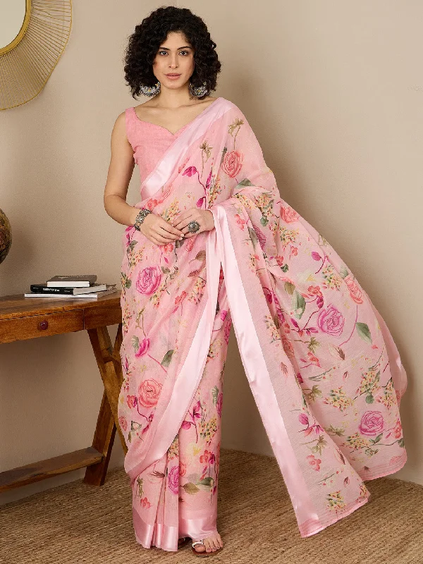 Women's Cotton Silk Light Pink Printed Ready to Wear With Blouse Piece Casual Relaxed Blouse Women's Cotton Silk Light Pink Printed Ready to Wear With Blouse Piece Casual Relaxed Blouse
