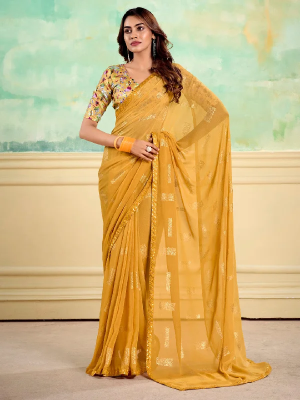 Women's Georgette Mustard Embellished Designer Saree With Blouse Piece Boho Printed Blouse Women's Georgette Mustard Embellished Designer Saree With Blouse Piece Boho Printed Blouse