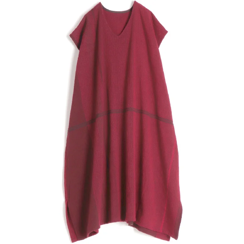 TAMAKI NIIME Woven Wool and Cotton V Neck Cap Sleeve Dress - Merlot Stripes Tunics Versatile functional