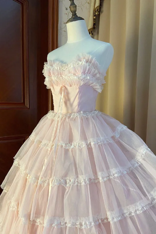 Pink Strapless Layers Tulle Long Party Dress, Glam Prom Dress Formal Gown Halter Neckline Beach Pink Strapless Layers Tulle Long Party Dress, Glam Prom Dress Formal Gown Halter Neckline Beach
