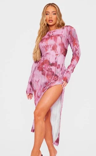 Pink Print Plisse Long Sleeve Split Detail Midaxi Dress Tunics Sophisticated sleek