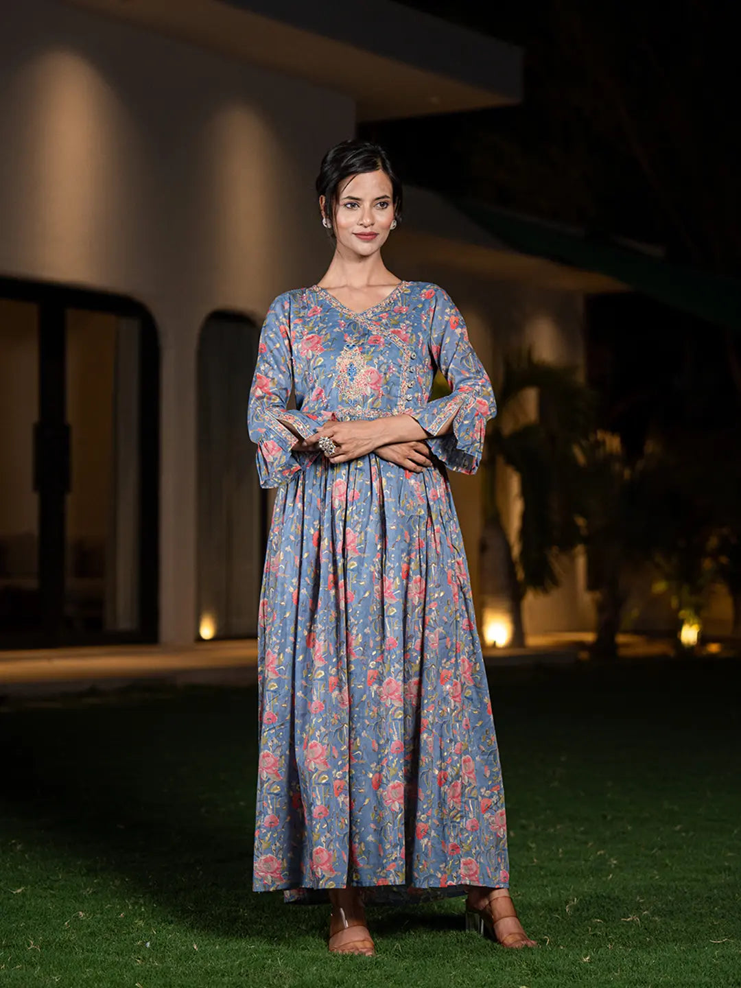 Blue Pure Cotton Beads And Stones Gathers Angrakha Dress Tunics Stylish elegant