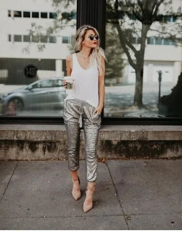 Sequin Elastic Waist Lace-up Long Pants Modern Skinny Pants