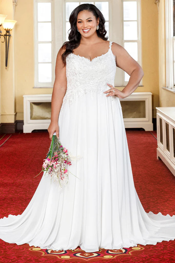 Michelle Bridal For Sydney's Closet MB2303 A-Line Modified Empire Waistline Chiffon Floral Lace With Sequins V-Neck Backless Plus Size "Radhika" Bridal Dress Tunics Mesh breathable Michelle Bridal For Sydney's Closet MB2303 A-Line Modified Empire Waistline Chiffon Floral Lace With Sequins V-Neck Backless Plus Size "Radhika" Bridal Dress Tunics Mesh breathable