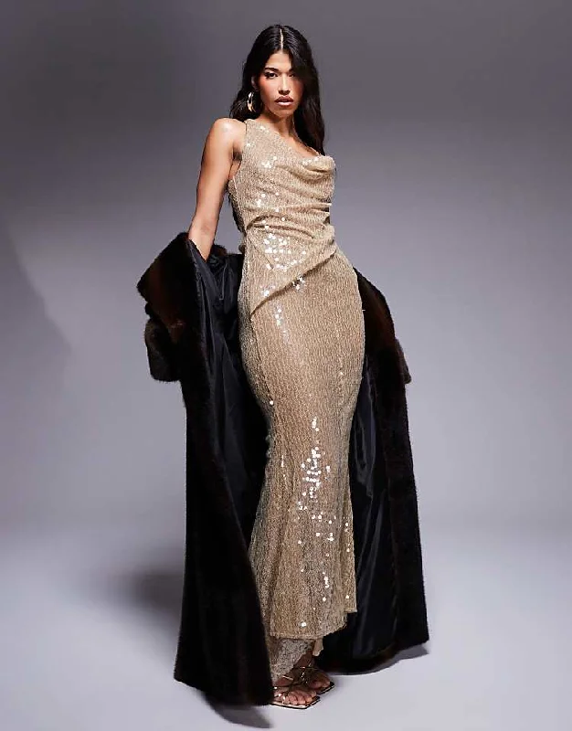 Sequin Asymmetric Draped Maxi Gold Dress Tunics Stylish modern