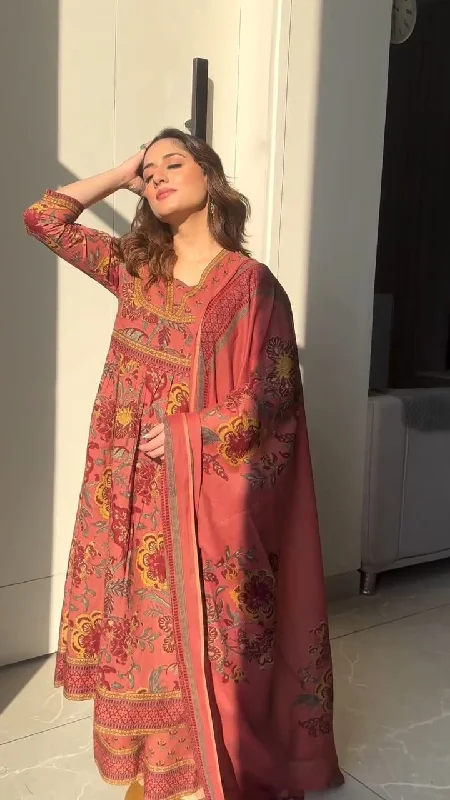 Premium cotton Anarkali suit set with hand work detailing on yoke paired with matching pant and full dupatta. Wide-Legged Palazzos Premium cotton Anarkali suit set with hand work detailing on yoke paired with matching pant and full dupatta. Wide-Legged Palazzos