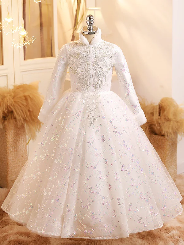 Long Sleeves Ball Gown Shinning Girl Winter Party Dress with Crystal Appliques Tunics Summer linen Long Sleeves Ball Gown Shinning Girl Winter Party Dress with Crystal Appliques Tunics Summer linen