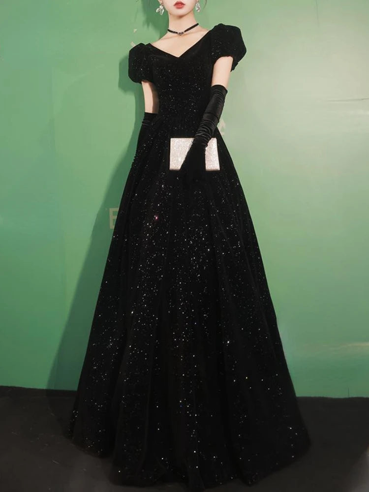 Black Velvet Generous Evening Dresses V-neck Puff Sleeve Cross Lace Up Back Prom Vestidos 2024 Summer Slim Waist Party Dress Boatneck Modish Everyday Black Velvet Generous Evening Dresses V-neck Puff Sleeve Cross Lace Up Back Prom Vestidos 2024 Summer Slim Waist Party Dress Boatneck Modish Everyday