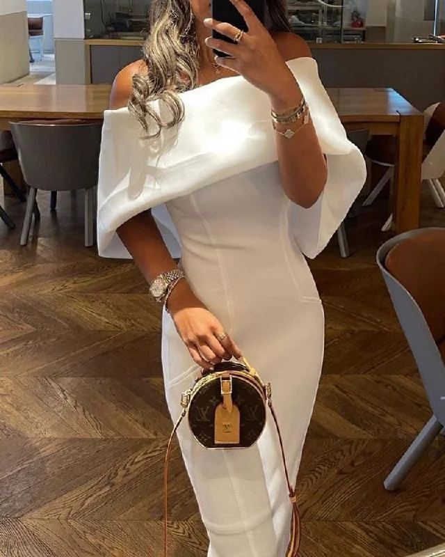 Women Elegant Dress Polkadot Print Ruffles Scarf Off Shoulder Cape Design Skinny Party Dress Sequined Elegant Party