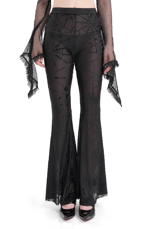 Black Sheer Flare Pants with Spiderweb Pattern Comfortable Denim Leggings
