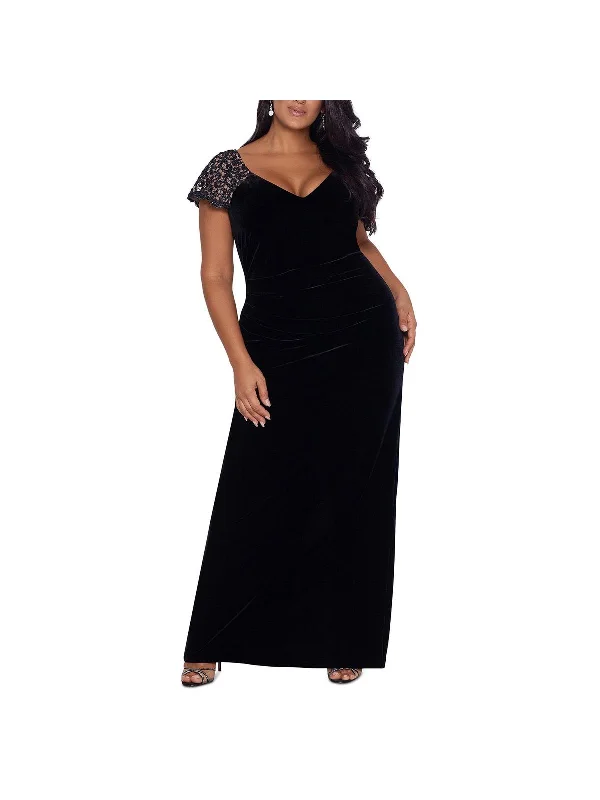 Plus Womens Velvet V-Neck Evening Dress Tunics Fashionable trendy
