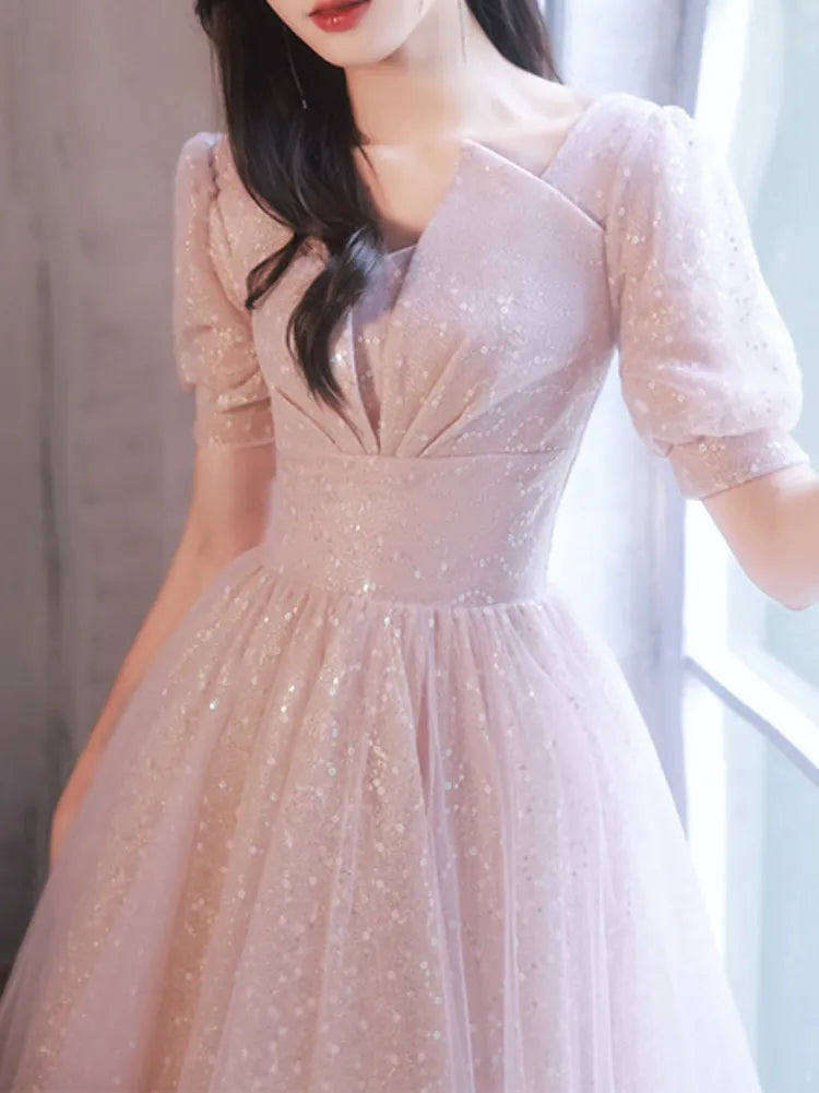 Sweet Simple Temperament Evening Dresses Solid Slim Waist Robe Design Puff Sleeve Prom Robe Square Collar Wedding Party Dress Tunics New arrival Sweet Simple Temperament Evening Dresses Solid Slim Waist Robe Design Puff Sleeve Prom Robe Square Collar Wedding Party Dress Tunics New arrival