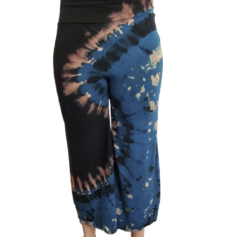 Blue Waves Tie-Dye Rayon Gaucho Pants Trendy Tapered Pants