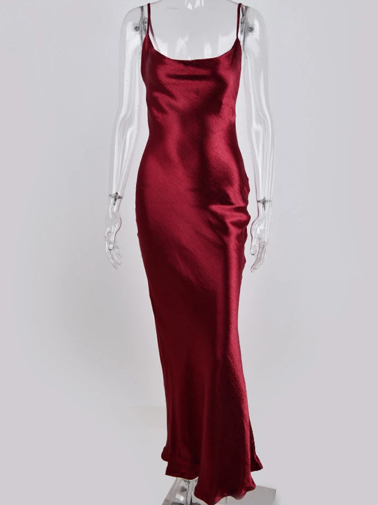 Spaghetti Strap Backless Summer Dress Women Satin Long Dress Elegant Bodycon Party Dresses Tunics Luxurious high-end Spaghetti Strap Backless Summer Dress Women Satin Long Dress Elegant Bodycon Party Dresses Tunics Luxurious high-end