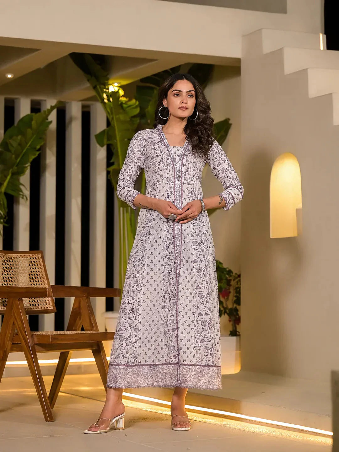 Purple Floral Print Kantha Work A-Line Dress Tunics Long Elegant