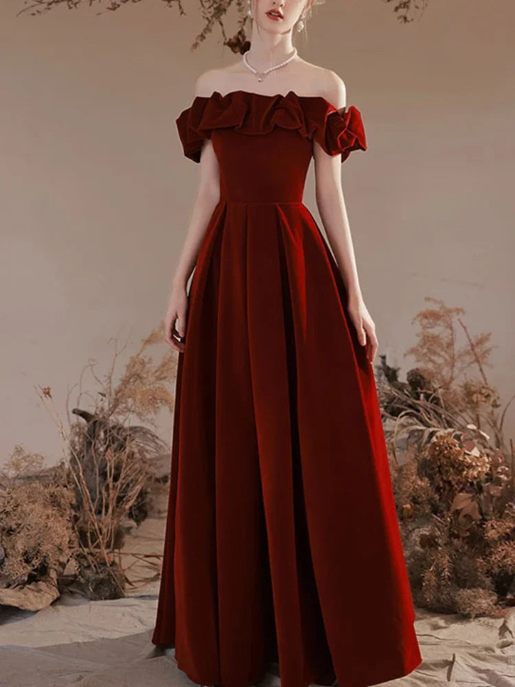 Elegant Temperment Shoulder Strapless Party Dresses Boat Neck Slim Waist Wedding Dresses Cross Lace Up Vintage Evening Dress Off-the-shoulder Chic Trendy Elegant Temperment Shoulder Strapless Party Dresses Boat Neck Slim Waist Wedding Dresses Cross Lace Up Vintage Evening Dress Off-the-shoulder Chic Trendy