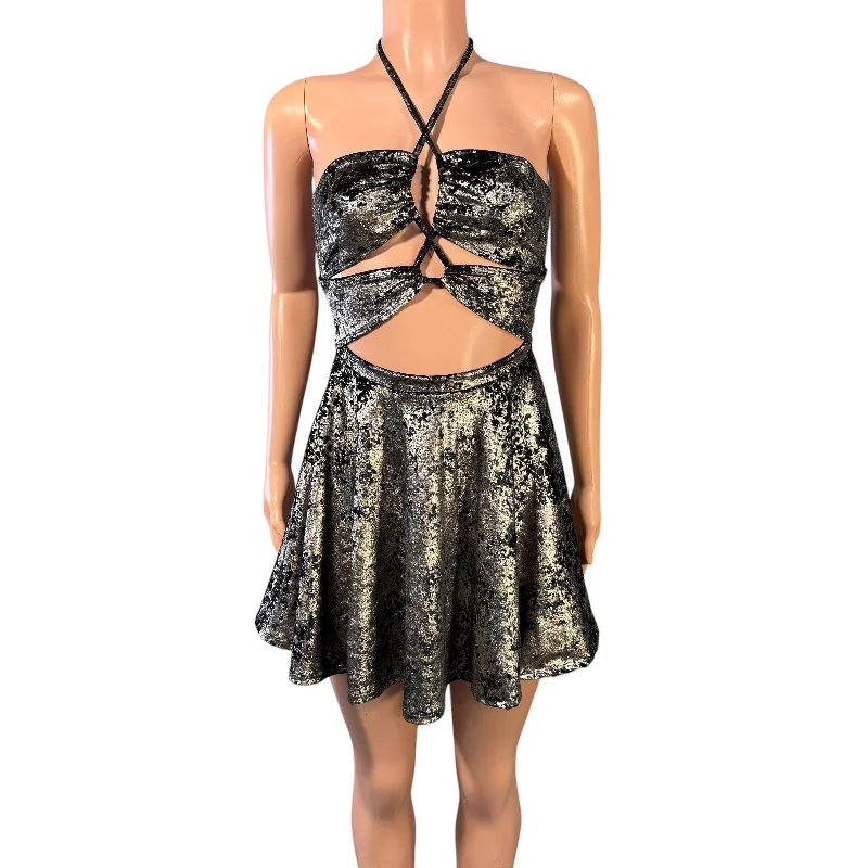 Halter Skater fit n flare X-String Dress in Gunmetal on Black Gilded Velvet Tunics Office stylish Halter Skater fit n flare X-String Dress in Gunmetal on Black Gilded Velvet Tunics Office stylish
