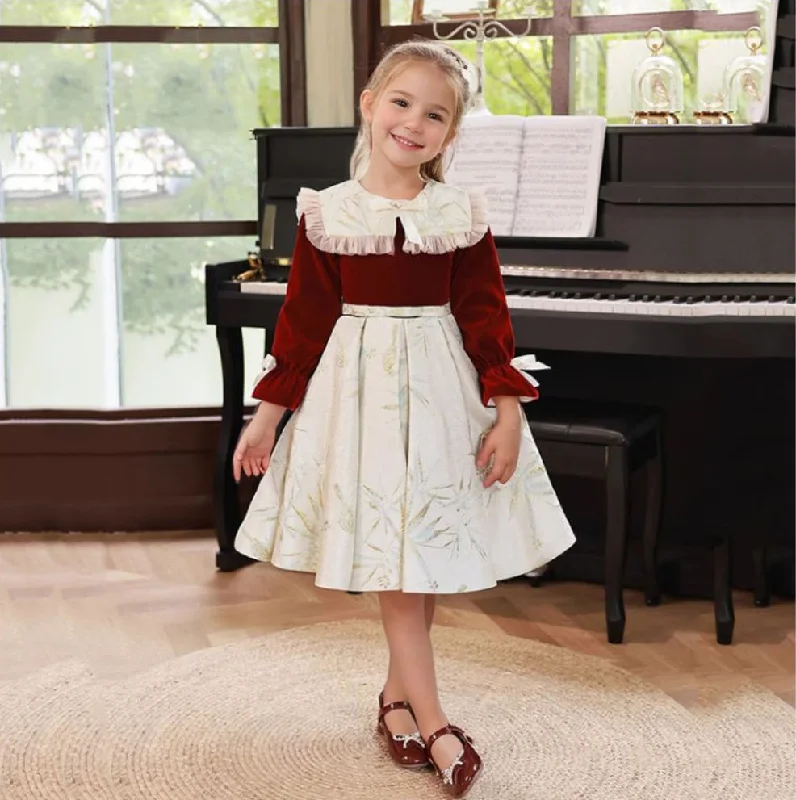 Tea-Length Long Sleeves Round Neck A-Line Flower Girl Party Dresses with Bowknot Tunics Satin smooth Tea-Length Long Sleeves Round Neck A-Line Flower Girl Party Dresses with Bowknot Tunics Satin smooth