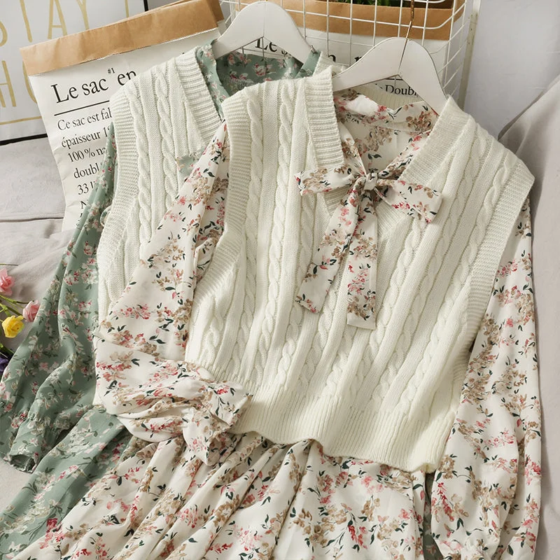 FLORAL HIGH WAIST MED LENGTH DRESS KNITTED VEST SUIT BY061002 sweetheart Neckline Romantic