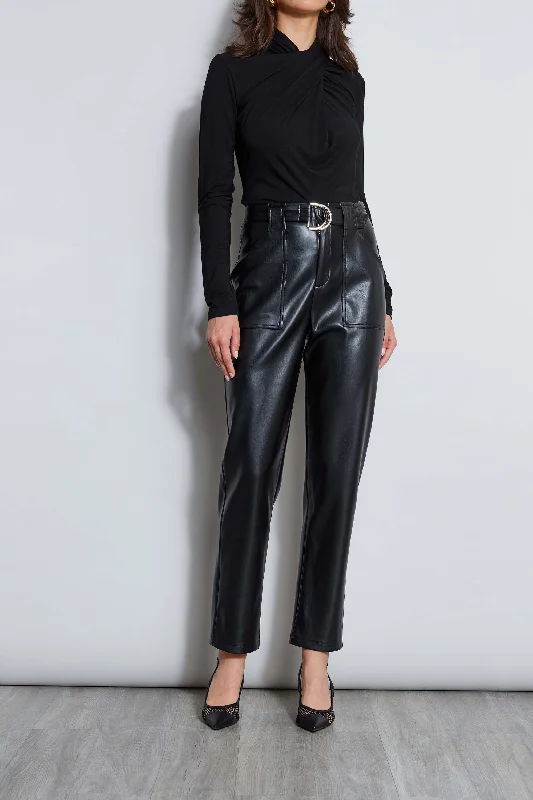 Vegan Leather Belted Pant Fashionable Tapered Leg Pants