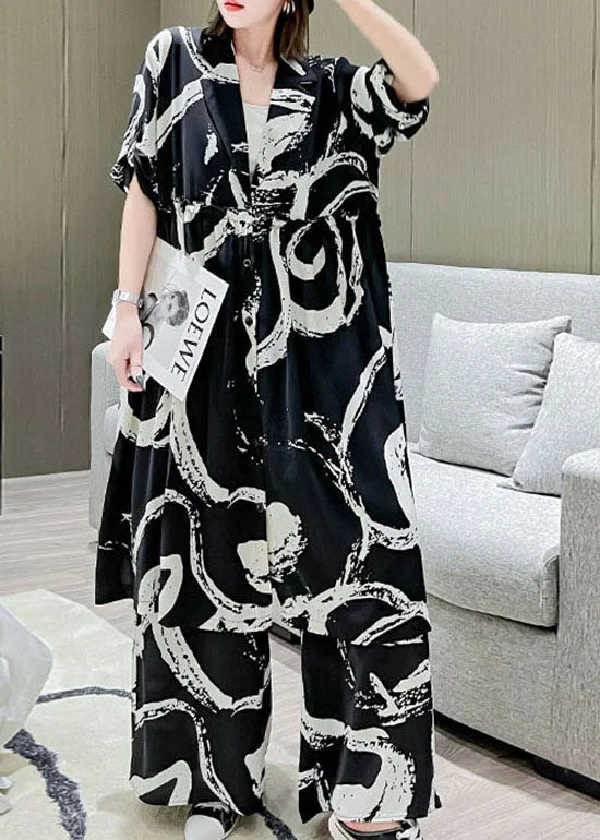 Handmade Black V Neck Cinched print Silk tops wide leg pants Two Piece Set Outfits Spring Comfortable Jogging Pants Handmade Black V Neck Cinched print Silk tops wide leg pants Two Piece Set Outfits Spring Comfortable Jogging Pants