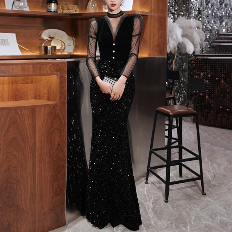 O-neck Elegant Slim Waist Evening Dresses Mesh Long Sleeve V-back Wedding Party Dress Sequined 2024 Simple Trumpet Prom Vestidos Tunics Office stylish O-neck Elegant Slim Waist Evening Dresses Mesh Long Sleeve V-back Wedding Party Dress Sequined 2024 Simple Trumpet Prom Vestidos Tunics Office stylish