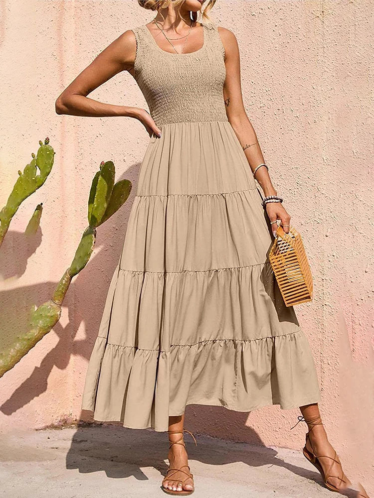 Elegant Sleeveless Floral Solid Color Long Dress Fashion Elastic Waist Beach Party Dress Tunics Versatile stylish Elegant Sleeveless Floral Solid Color Long Dress Fashion Elastic Waist Beach Party Dress Tunics Versatile stylish