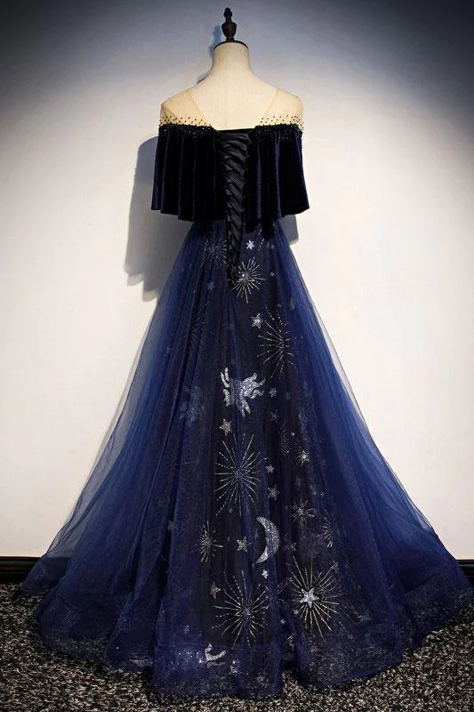 Blue Tulle With Velvet Long Party Dress, A Line Off Shoulder Formal Dress, Prom Dress A-Line Day Work Blue Tulle With Velvet Long Party Dress, A Line Off Shoulder Formal Dress, Prom Dress A-Line Day Work
