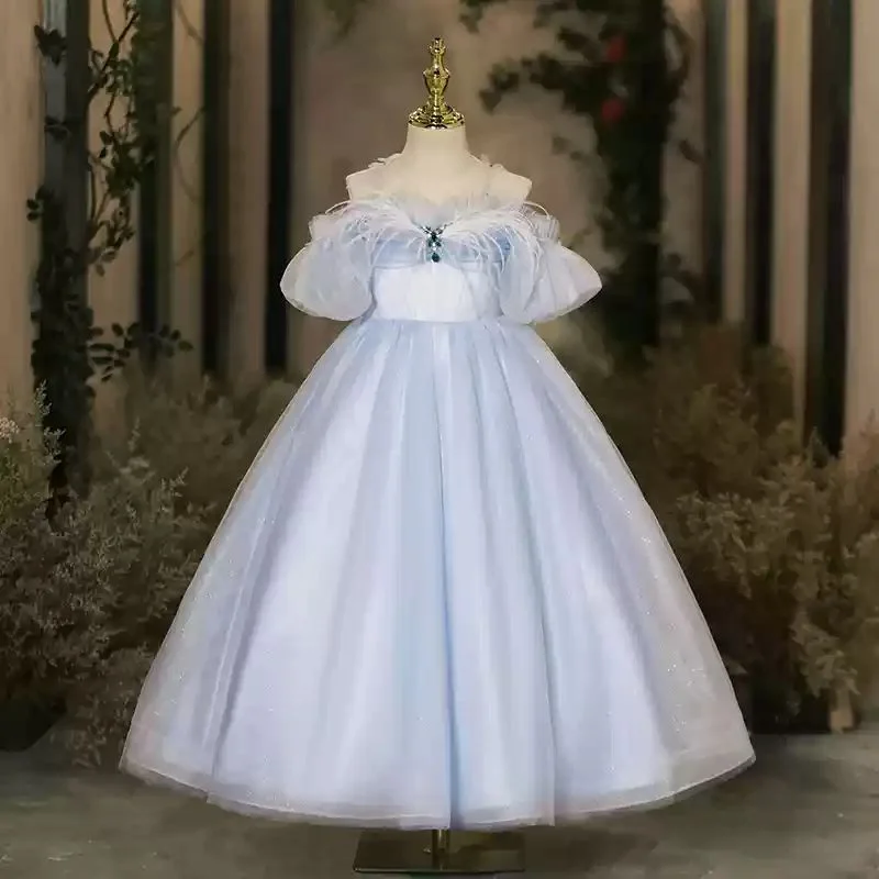 Floor Length Off-the-Shoulder A-Line/Princess Flower Girl Party Dress with Feathers Tunics Canvas sturdy Floor Length Off-the-Shoulder A-Line/Princess Flower Girl Party Dress with Feathers Tunics Canvas sturdy
