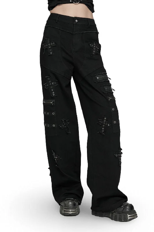Punk Straight-Leg Denim Pants with Cross Patch Details Classic Flared Pants