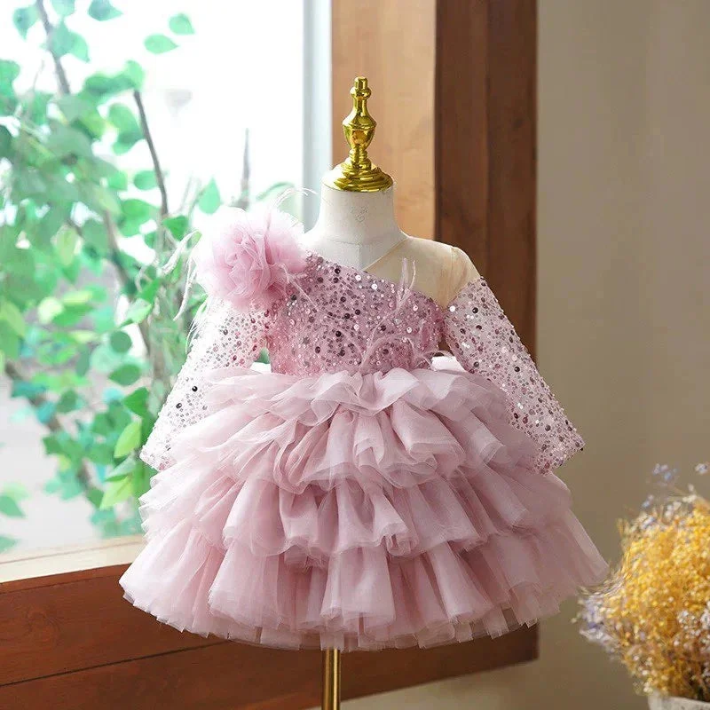 Ball Gown Long Sleeves Knee-Length Layered Baby Girl Party Dress with Flower & Feathers Tunics Exclusive limited Ball Gown Long Sleeves Knee-Length Layered Baby Girl Party Dress with Flower & Feathers Tunics Exclusive limited