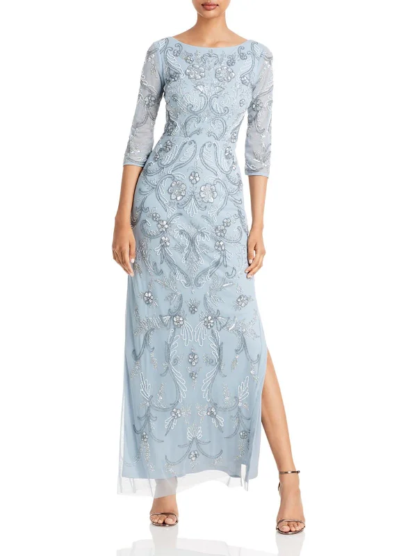 Womens 3/4 Sleeve Long Evening Dress Tunics Prom sequined