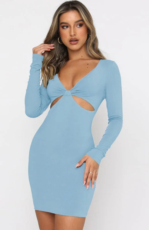 Blue Zone Planet | Sexy Deep V-Neck Hollow Slim Long Sleeve Dress Cocktail Party Dress Tunics Chic fashionable Blue Zone Planet | Sexy Deep V-Neck Hollow Slim Long Sleeve Dress Cocktail Party Dress Tunics Chic fashionable