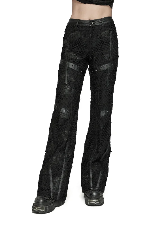 Mesh Twill Denim Straight Pants with Leather Accents Trendy Palazzo Pants