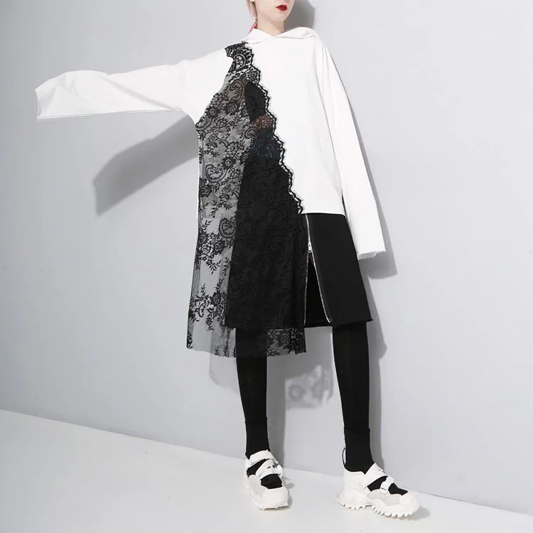 Women Asymmetric Black Lace Fall Hoodies Hoodie with Cuffed Sleeves Snug Secure