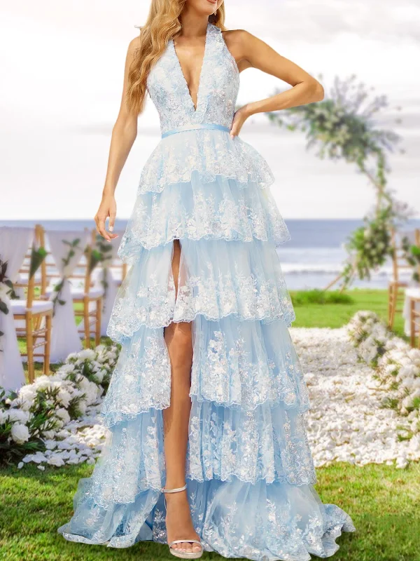 A-Line/Princess Halter V-Neck Long Tiered Prom Evening Party Dresses with Sequins & Split Side empire Waist empire A-Line/Princess Halter V-Neck Long Tiered Prom Evening Party Dresses with Sequins & Split Side empire Waist empire
