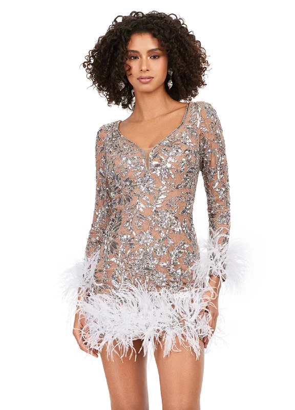 Ashley Lauren 4616 Long Sleeve Feather Detail Sequin V-Neck Open Back Cocktail Homecoming Dress Tunics Sophisticated sleek Ashley Lauren 4616 Long Sleeve Feather Detail Sequin V-Neck Open Back Cocktail Homecoming Dress Tunics Sophisticated sleek