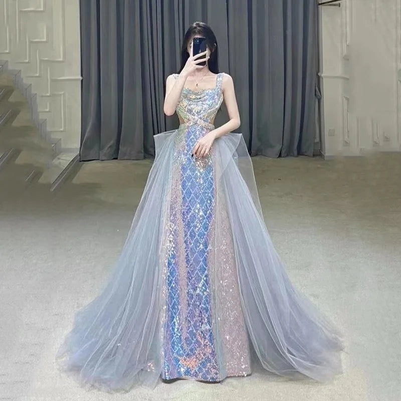 Mermaid Sequined Elegant Wedding Party Dresses Square Collar Sling Slim Prom Vestidos Luxury Shinny Temperament Evening Dress Satin Halter Glamorous Mermaid Sequined Elegant Wedding Party Dresses Square Collar Sling Slim Prom Vestidos Luxury Shinny Temperament Evening Dress Satin Halter Glamorous